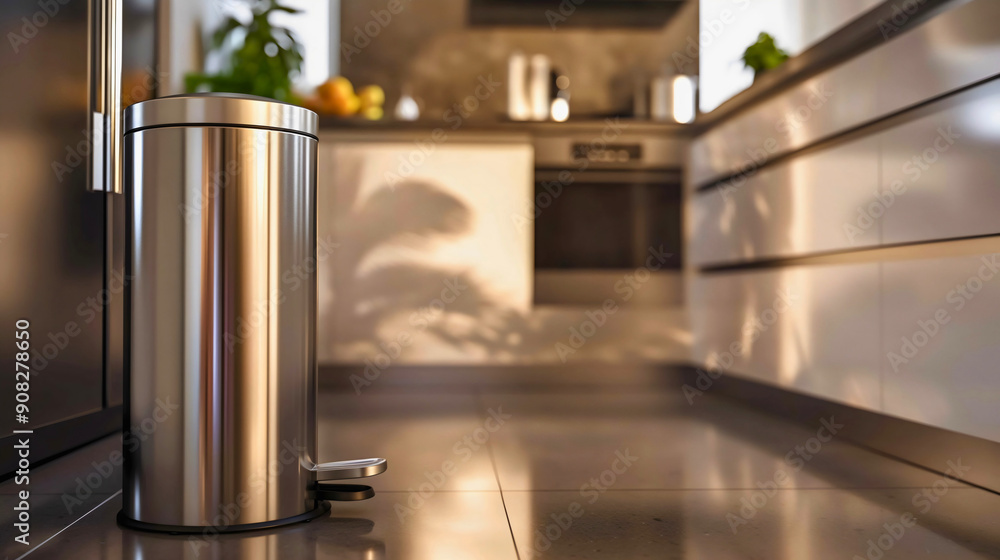 Closeup of shiny silver trash can on the floor in modern kitchen interior, copy space. Household room junk waste garbage container, domestic home rubbish disposal, hygiene Closeup of shiny silver trash can on the floor in modern kitchen interior, copy space. Household room junk waste garbage container, domestic home rubbish disposal, hygiene