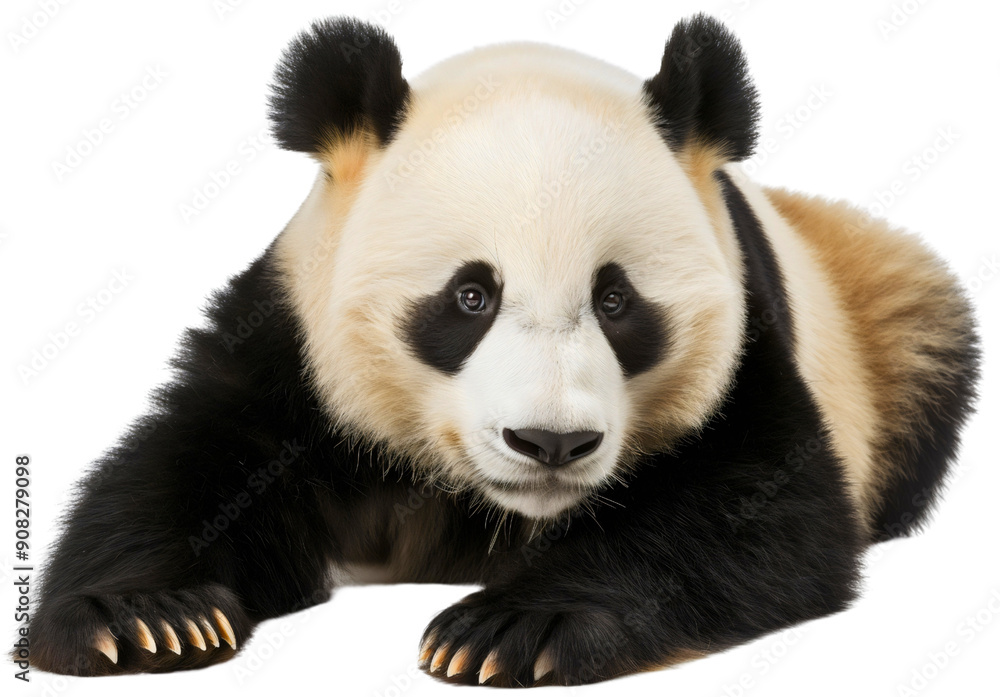 Obraz premium Adorable beautiful cute black white panda bear lying front view portrait isolated. Funny baby mammal animal, fluffy lazy lovely sweet China Asia forest zoo wildlife kid