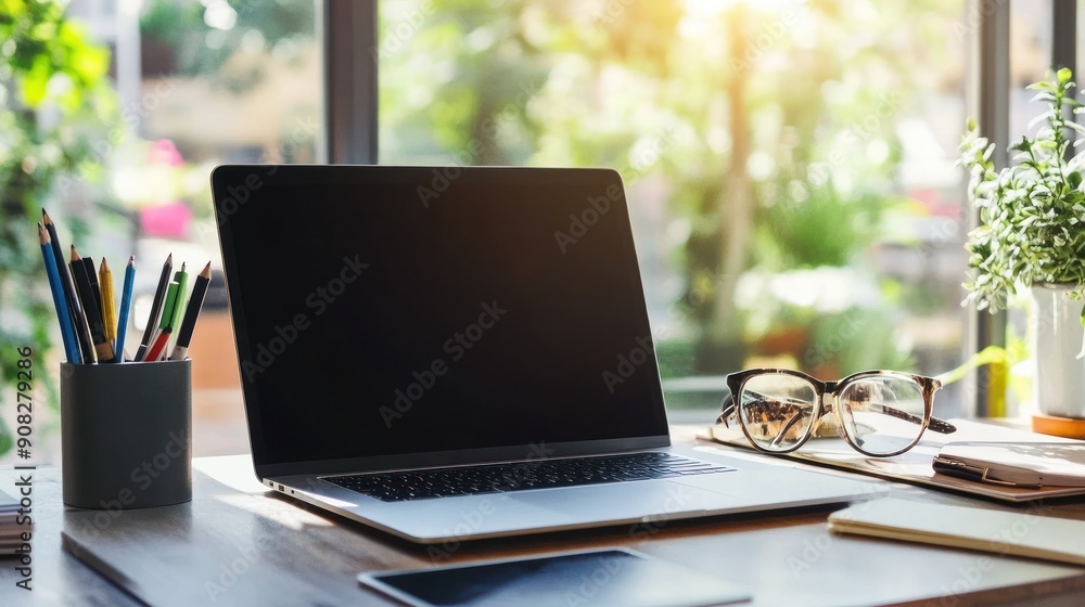 Laptop on Desk with Nature View Laptop on Desk with Nature View