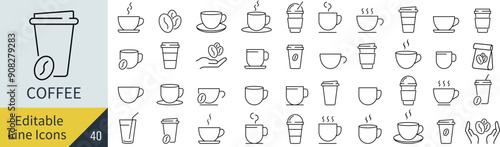 線の編集ができるコーヒーに関するアイコンセット（アウトライン化していない）