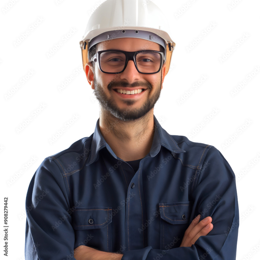 Fototapeta premium Portrait of happy smiling electrician man wearing glasses and white hardhat helmet isolated, crossed arms. Professional worker in blue uniform, technician occupation profession job, business service