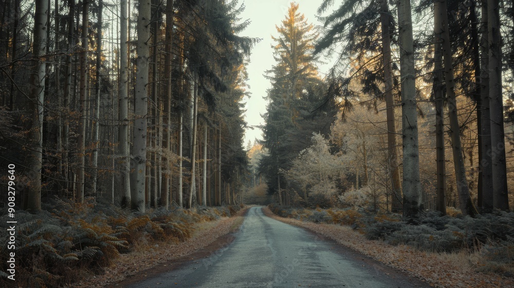 Naklejka premium Deserted road winds through a lush forest, bathed in the warm glow of golden light