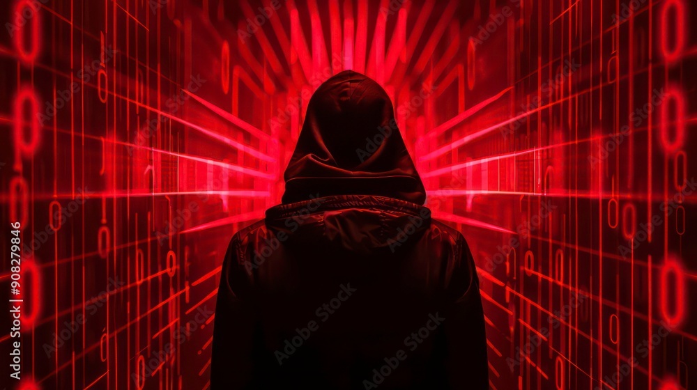 Hooded figure standing in front of binary code. Hooded figure standing in front of binary code.