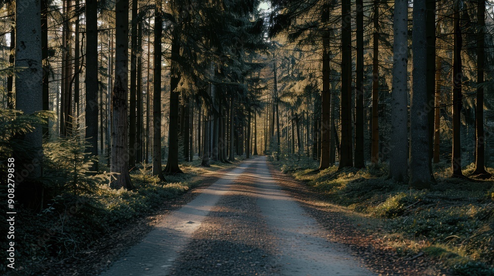 Fototapeta premium Tranquil morning light casting a gentle glow on a serene forest path lined with towering trees