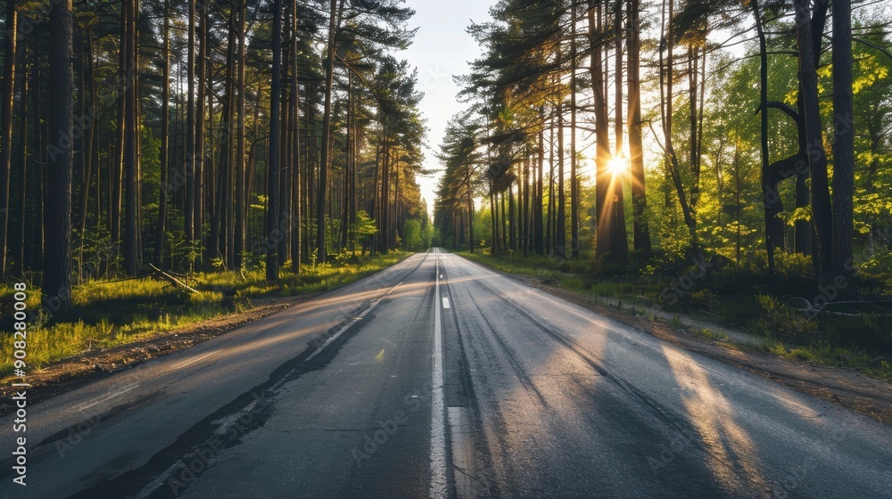 Obraz premium Country road passing through a forest with the sunset shining through the trees
