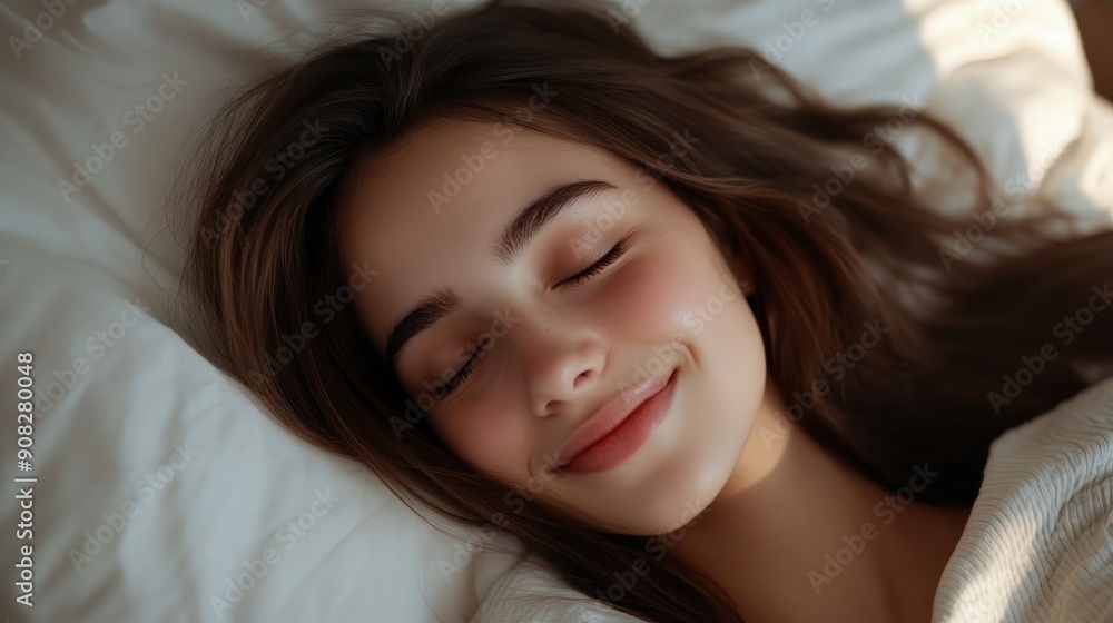 Smiling Woman Sleeping Peacefully in Bed Smiling Woman Sleeping Peacefully in Bed