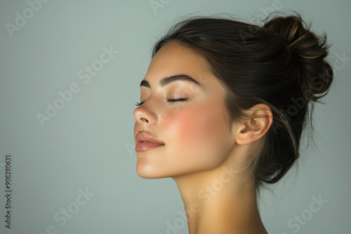 A close up of a girl's face with her eyes closed