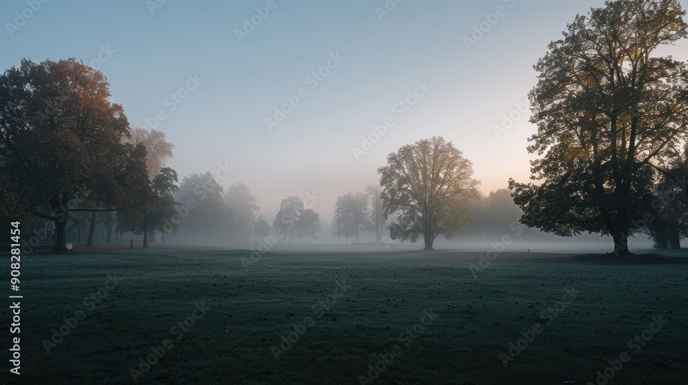 Fototapeta premium Autumn colors and golden light create a serene atmosphere in misty park filled with trees and glistening grass