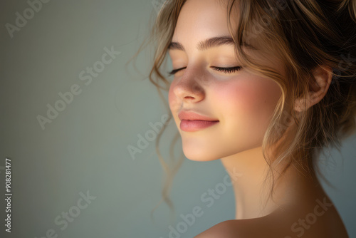 A close up of a girl's face with her eyes closed