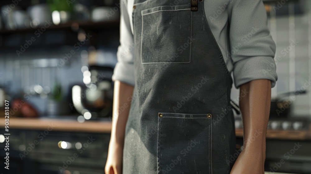 A woman wearing an apron stands in a kitchen, ready to start cooking A woman wearing an apron stands in a kitchen, ready to start cooking