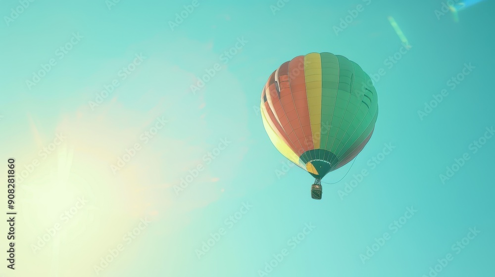 Fototapeta premium Colorful hot air balloon gracefully soars through the clear blue sky, symbolizing freedom and adventure on a fun summer day