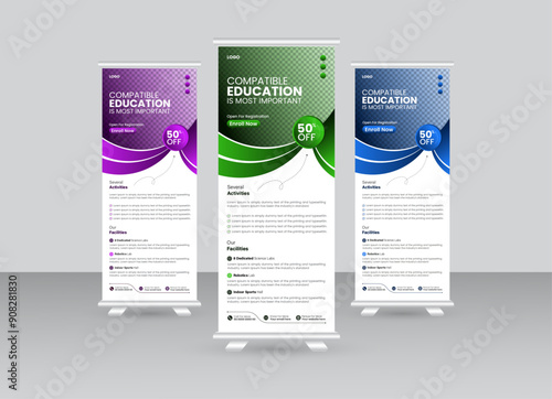 Educational rollup banner template, school admission rollup banner, pullup banner, vector banner template.