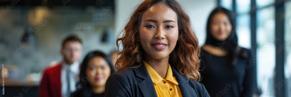 Successful teamwork between a businesswoman and multicultural colleagues in a welcoming office environment Successful teamwork between a businesswoman and multicultural colleagues in a welcoming office environment