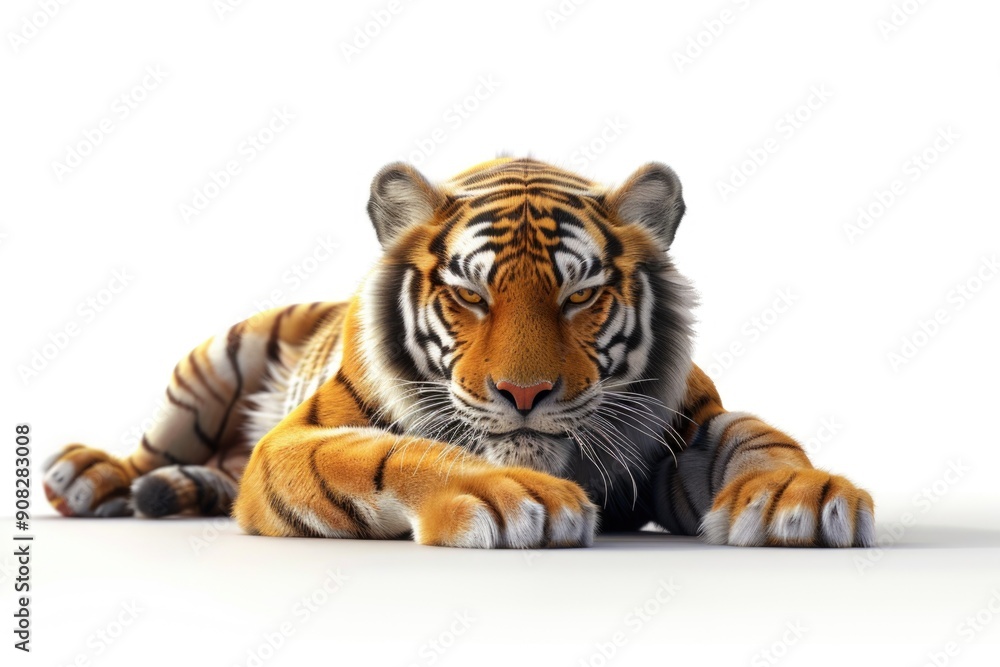 Obraz premium A tiger is seen lying down on a clean white surface, its fur glistening in the light