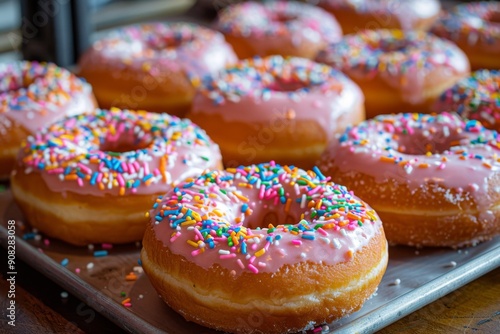 Rows of donuts with pink icing and colorful sprinkles on a tray.