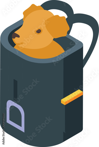 Cute dog is peering out of a soft sided pet carrier backpack, ready for an adventure