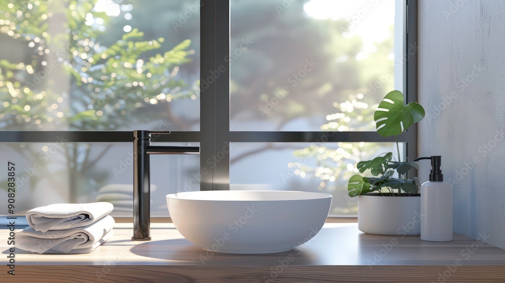 Modern Bathroom Sink with Black Faucet and Greenery Modern Bathroom Sink with Black Faucet and Greenery
