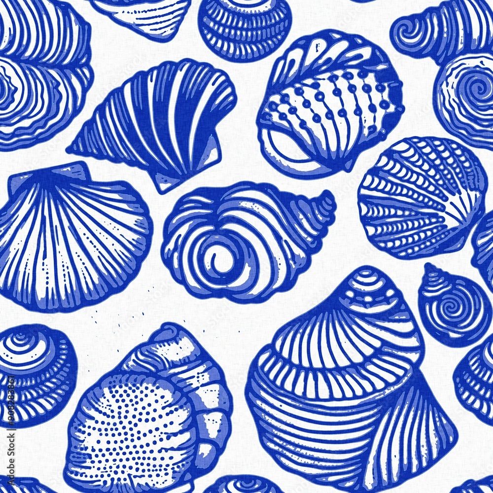 Azure blue white shell motif with linen seamless batik background, Modern coastal beach cottage rustic shell block print home decor pattern design in sealife beach style. Azure blue white shell motif with linen seamless batik background, Modern coastal beach cottage rustic shell block print home decor pattern design in sealife beach style.