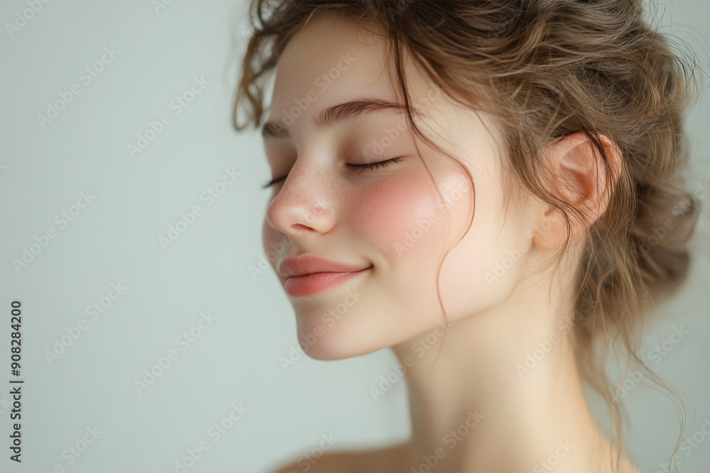 A close up of a girl's face with her eyes closed