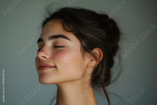 A close up of a girl's face with her eyes closed