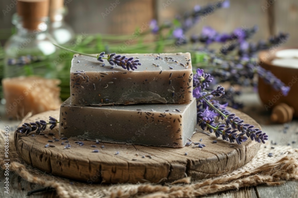 Handmade soap bars with lavender on a wooden surface. Handmade soap bars with lavender on a wooden surface.
