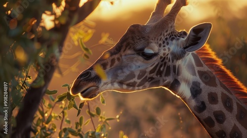 Lovely giraffe peacefully munching on leaves under the warm glow of the setting sun