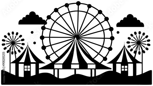 Carnival funfair with fireworks rays. Amusement park carousels, roller coaster and attractions on sunset. Fun fair and festive theme landscape. Ferris wheel and merry-go-round festival poster eps stoc