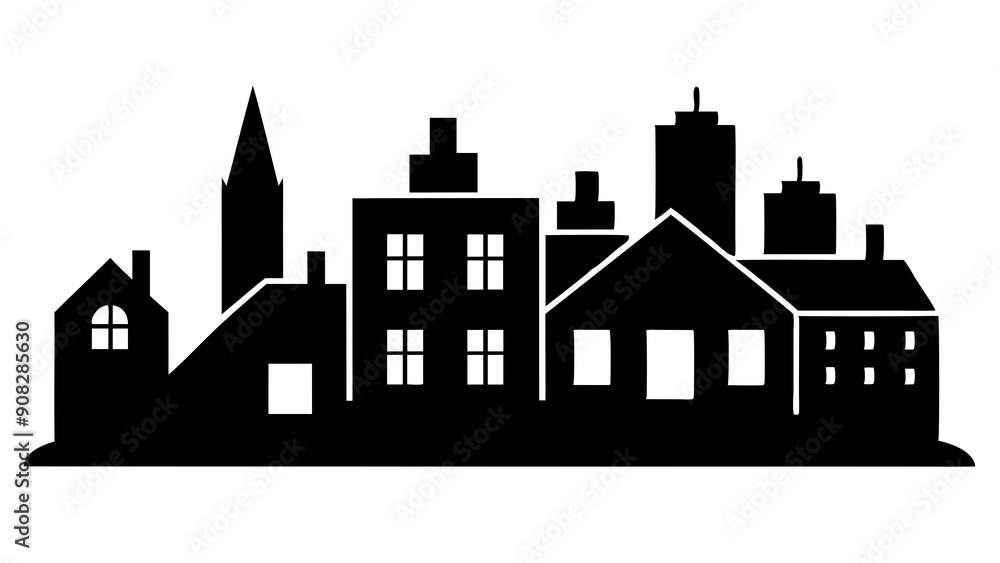 Town skyline silhouette. Small city houses, factory buildings, old ...