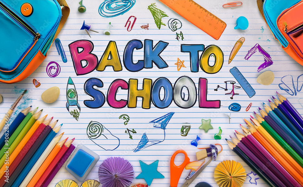 Back to school concept. Back to School poster with a colorful chalkboard background, vibrant chalk drawings of school supplies, and playful doodles. Back to school concept. Back to School poster with a colorful chalkboard background, vibrant chalk drawings of school supplies, and playful doodles.