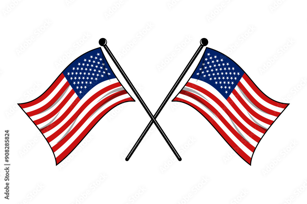 Vector of two crossed American flags on a black pole with editable 3d flat style icon and scalable eps file illustration for design element, emblem, poster, etc. Vector of two crossed American flags on a black pole with editable 3d flat style icon and scalable eps file illustration for design element, emblem, poster, etc.