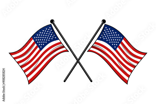 Vector of two crossed American flags on a black pole with editable 3d flat style icon and scalable eps file illustration for design element, emblem, poster, etc.