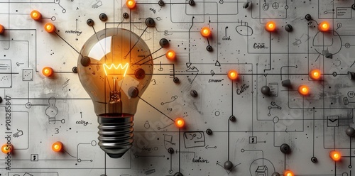 Yellow light bulb glows brightly on a white background