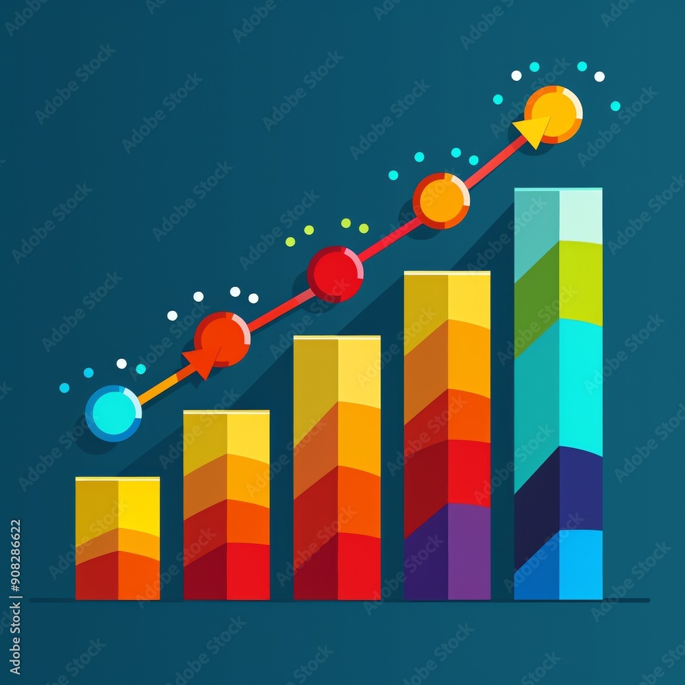 Colorful bar graph with upward trend arrow representing business growth and success on dark blue background. Colorful bar graph with upward trend arrow representing business growth and success on dark blue background.