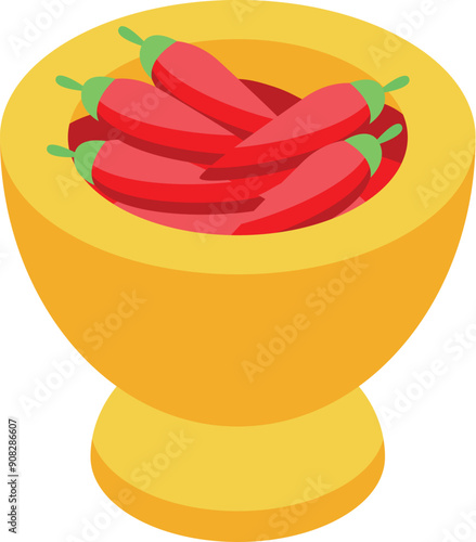 Yellow mortar and pestle crushing red chili peppers making a spicy food ingredient