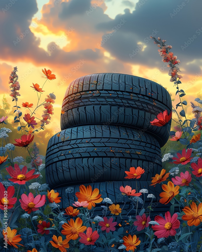 Obraz premium Stacked tires among vibrant flowers at sunset, blending industrial and natural elements in a beautiful outdoor scene.