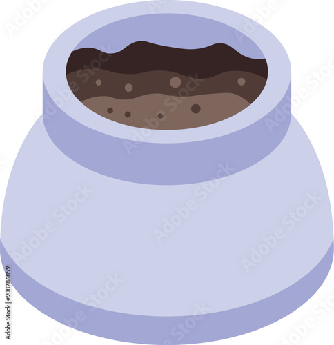 Blue ceramic pot is filled with rich, dark soil, ready for planting seeds or seedlings