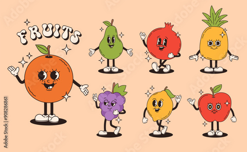 Set of retro groovy fruit characters. Pomegranate, grapes, pear, orange, apple, lemon, peach, pineapple. Vector flat illustration.