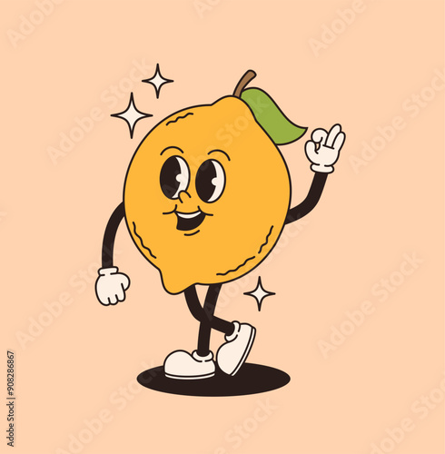 Retro groovy character lemon. Vector flat illustration.
