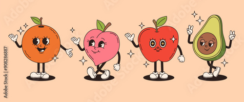 Set of retro groovy fruit characters. Orange, apple, peach, avocado. Vector flat illustration.