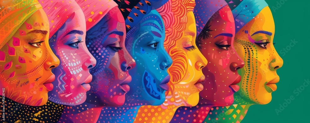 Obraz premium Colorful artistic profile portraits of diverse women, showcasing cultural diversity and vibrant creativity in a modern illustration style.