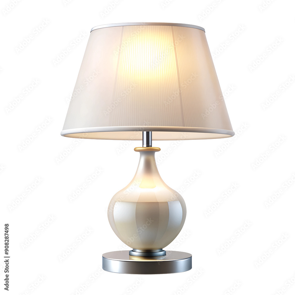 A white lamp shining brightly. The lamp has a white shade and a silver base. A white lamp shining brightly. The lamp has a white shade and a silver base.