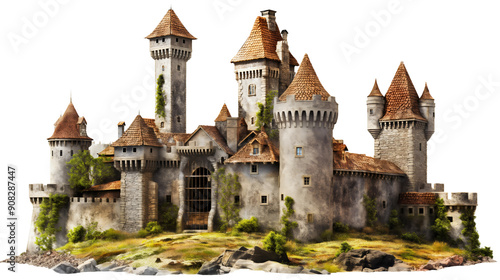 Castle building on a hill isolated on transparent background. Old fortress palace tower architecture, ancient royal medieval stone construction, kingdom house gate, antique fantasy monument wall