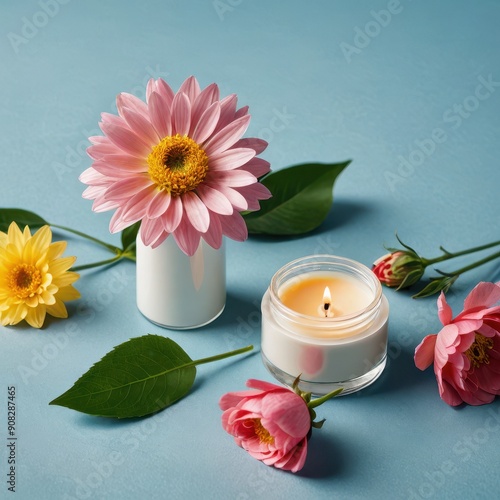 Pink Flowers and Burning Candle on Blue Background.