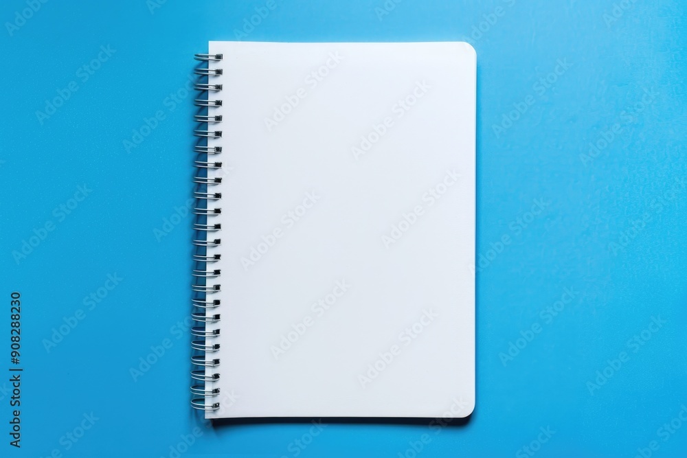 A white spiral notebook lying on a blue surface A white spiral notebook lying on a blue surface