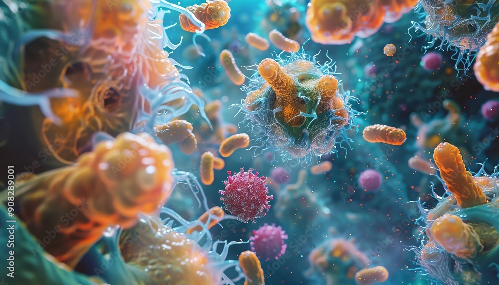 Fototapeta premium Colorful microscopic view of microorganisms and bacteria, highlighting the complexity of cellular structures and microbial life.