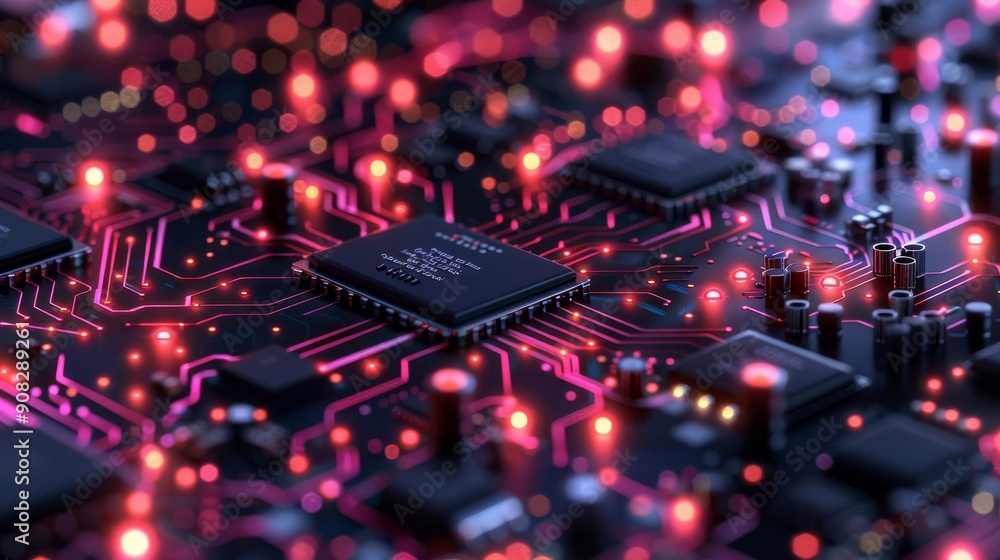 Close-up of a glowing microchip on a circuit board with vibrant neon lights showcasing technology and futuristic design elements. Close-up of a glowing microchip on a circuit board with vibrant neon lights showcasing technology and futuristic design elements.