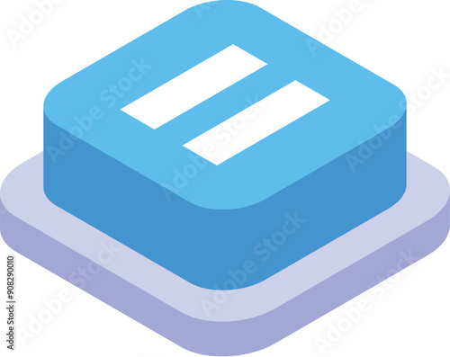 Blue square button with pause sign, showing stopping or pausing concept in isometric view