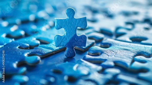 A Single Blue Puzzle Piece Standing Out From a Field of Similar Pieces photo