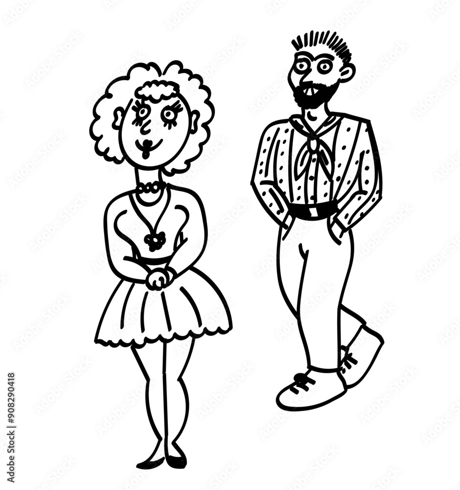 Cute loving couple. Funny turkishn arab or latino guy in the background looks at an european girl behind him. A man admires a woman and wants to meet her. Romance. Black and white illustration. Cute loving couple. Funny turkishn arab or latino guy in the background looks at an european girl behind him. A man admires a woman and wants to meet her. Romance. Black and white illustration.