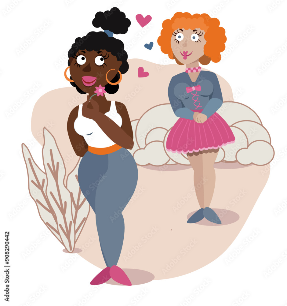 Cute loving lesbian couple. Funny white red haired girl in the background looks at an african girl in front of her with love. A woman admires another lady. Romantic relationships, people fall in love Cute loving lesbian couple. Funny white red haired girl in the background looks at an african girl in front of her with love. A woman admires another lady. Romantic relationships, people fall in love